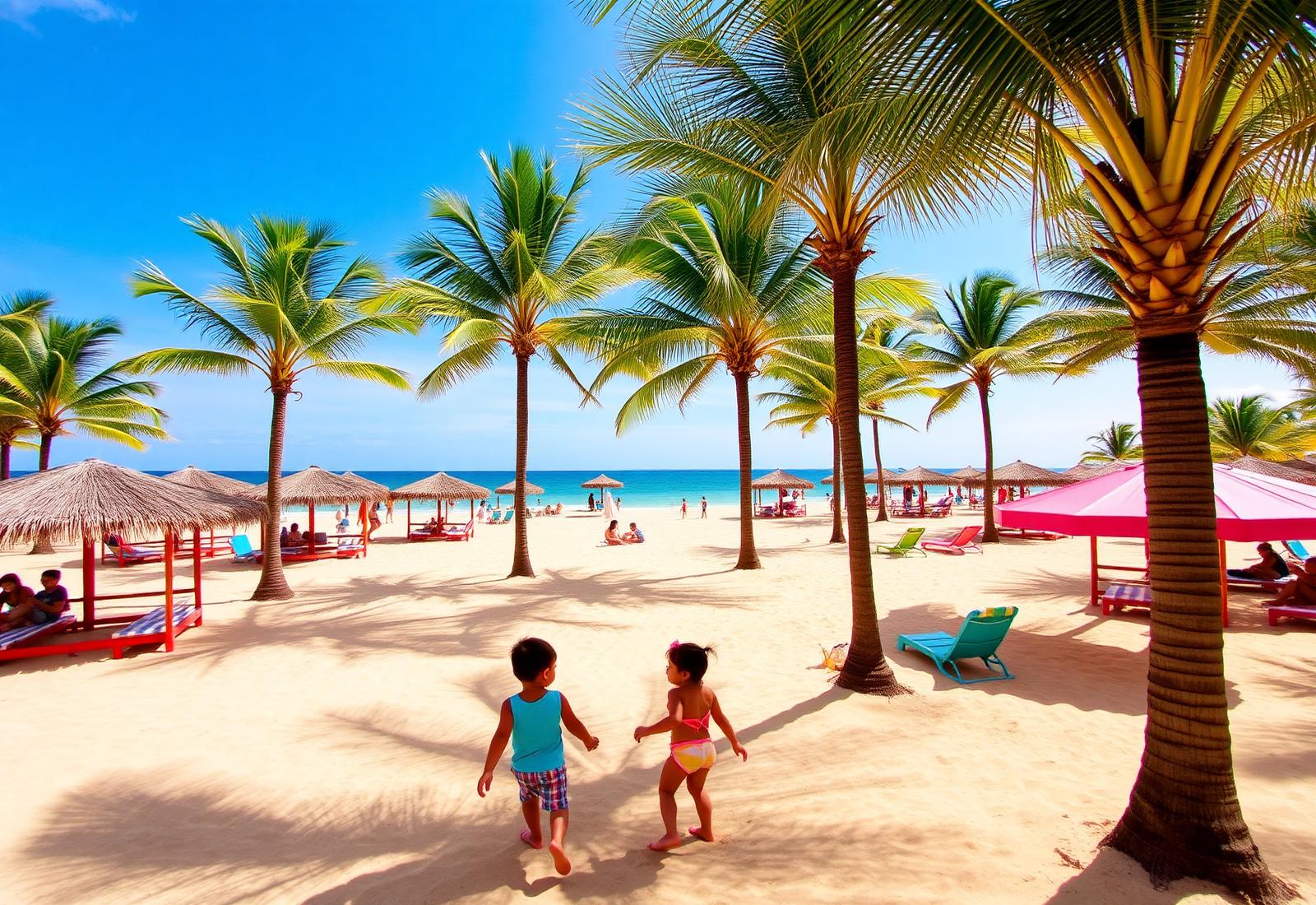 Family-friendly beach resort with palm trees and golden sand